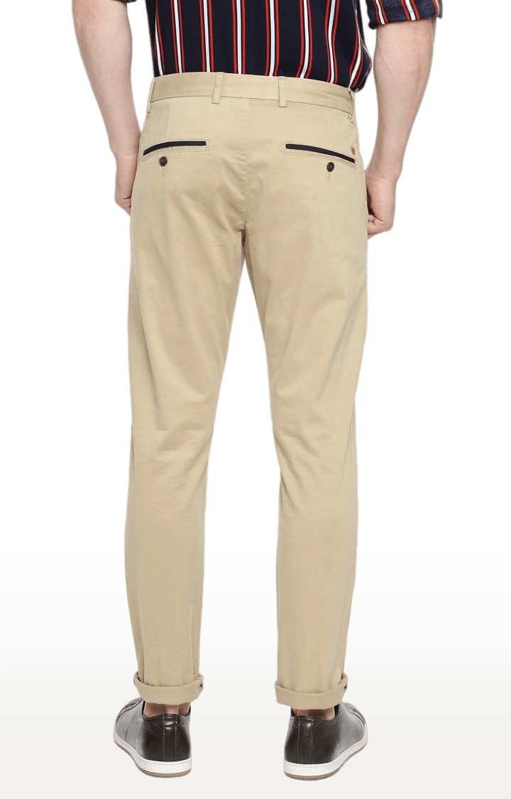 Men's Beige Cotton Blend Solid Chinos
