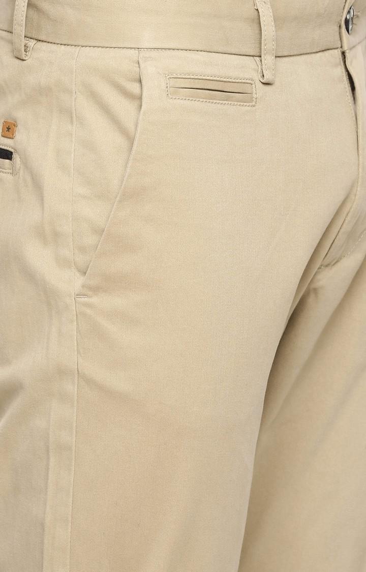 Men's Beige Cotton Blend Solid Chinos