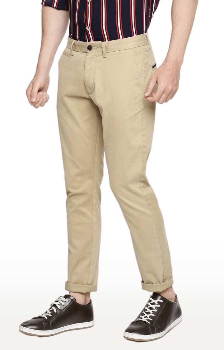 Men's Beige Cotton Blend Solid Chinos