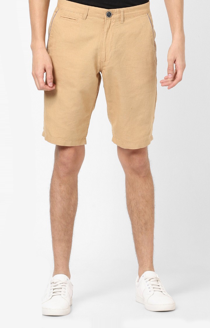 Men's Beige Linen Blend Solid Shorts