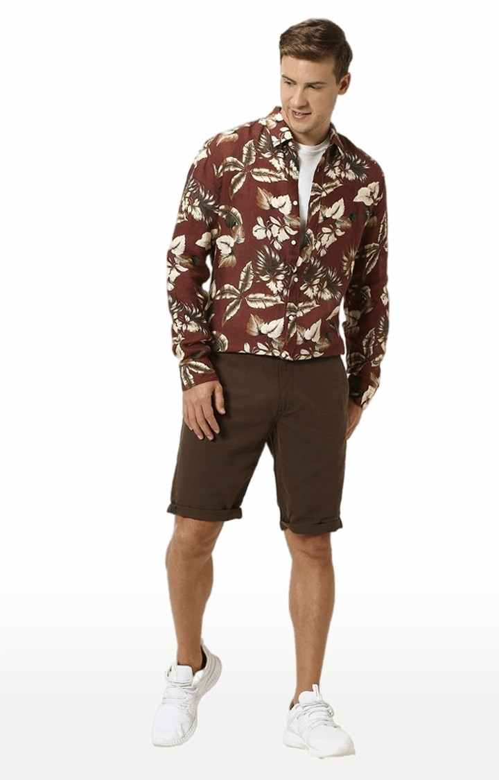 Men's Brown Linen Blend Solid Shorts
