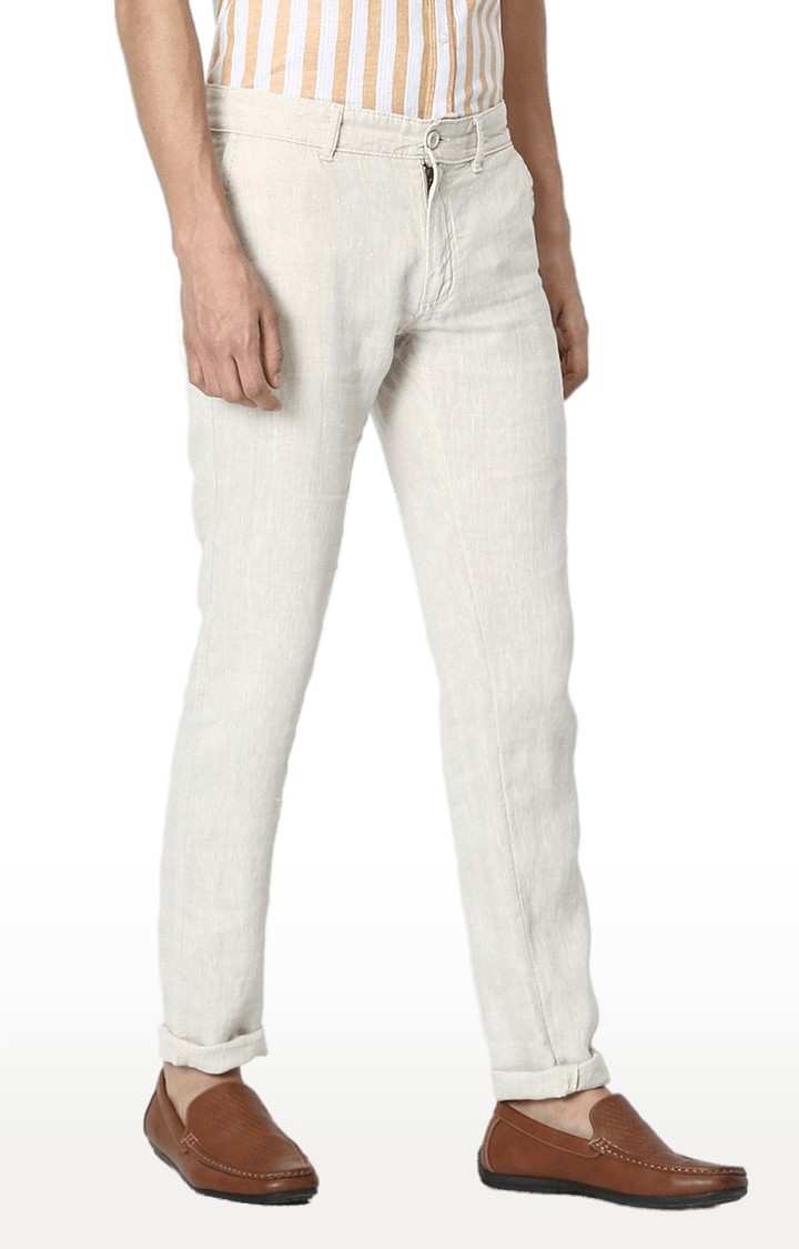 Men's Beige Linen Solid Chinos