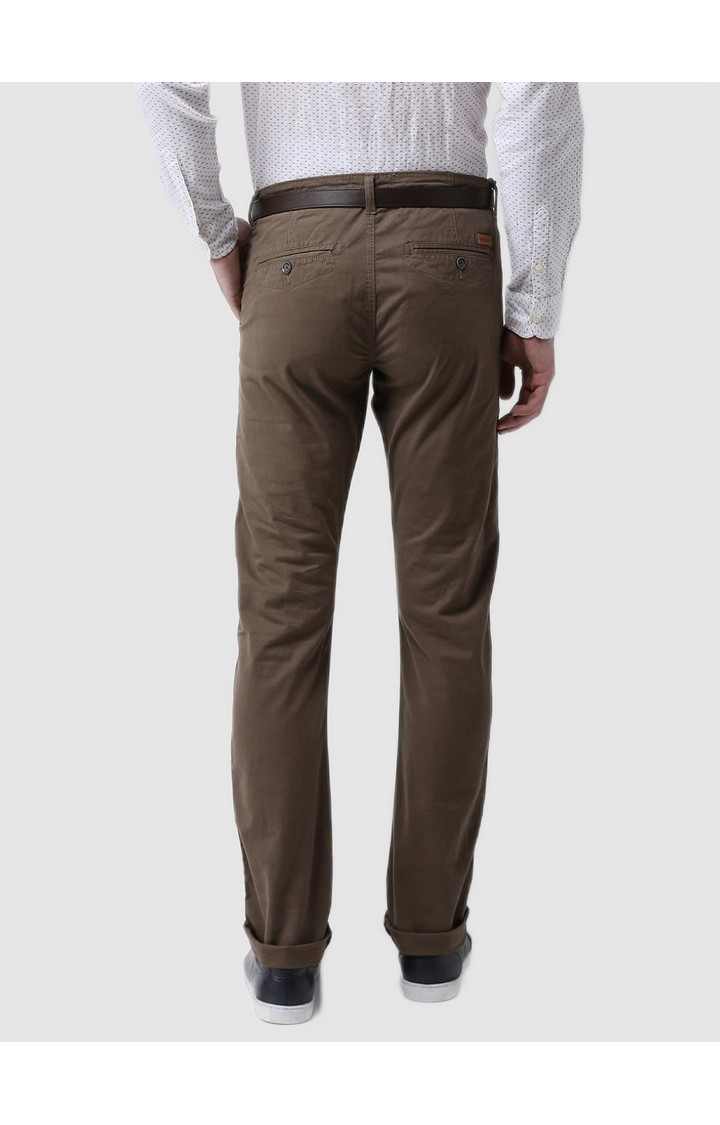 Men's Brown Cotton Blend Solid Chinos