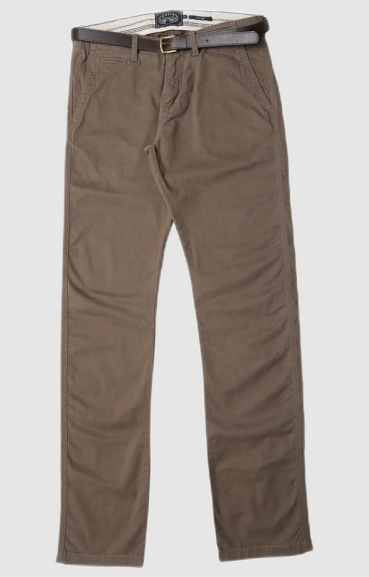 Men's Brown Cotton Blend Solid Chinos