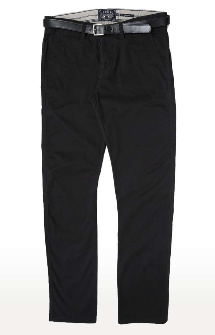 Men's Black Cotton Blend Solid Chinos