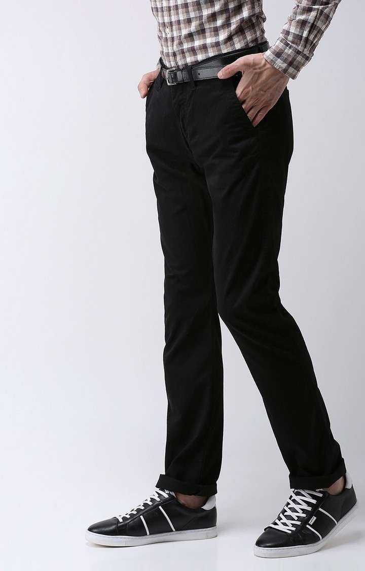 Men's Black Cotton Blend Solid Chinos