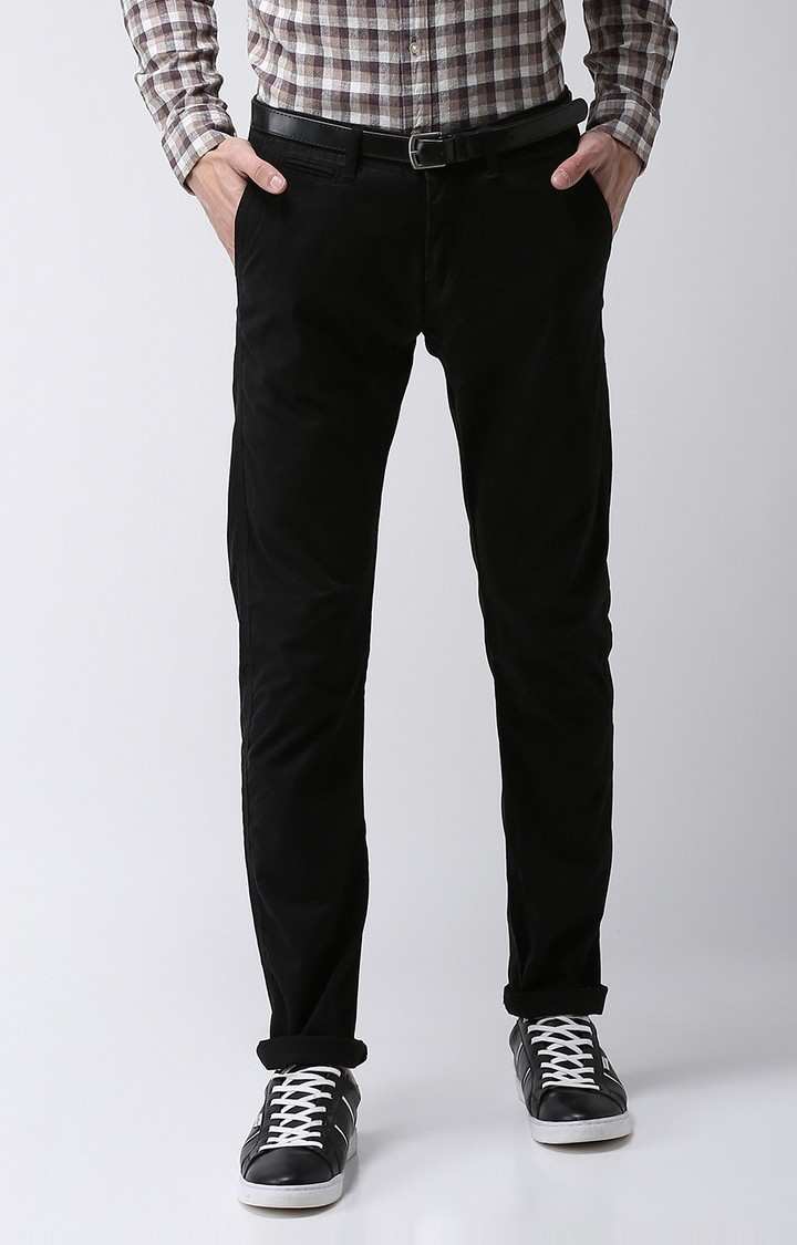 Men's Black Cotton Blend Solid Chinos