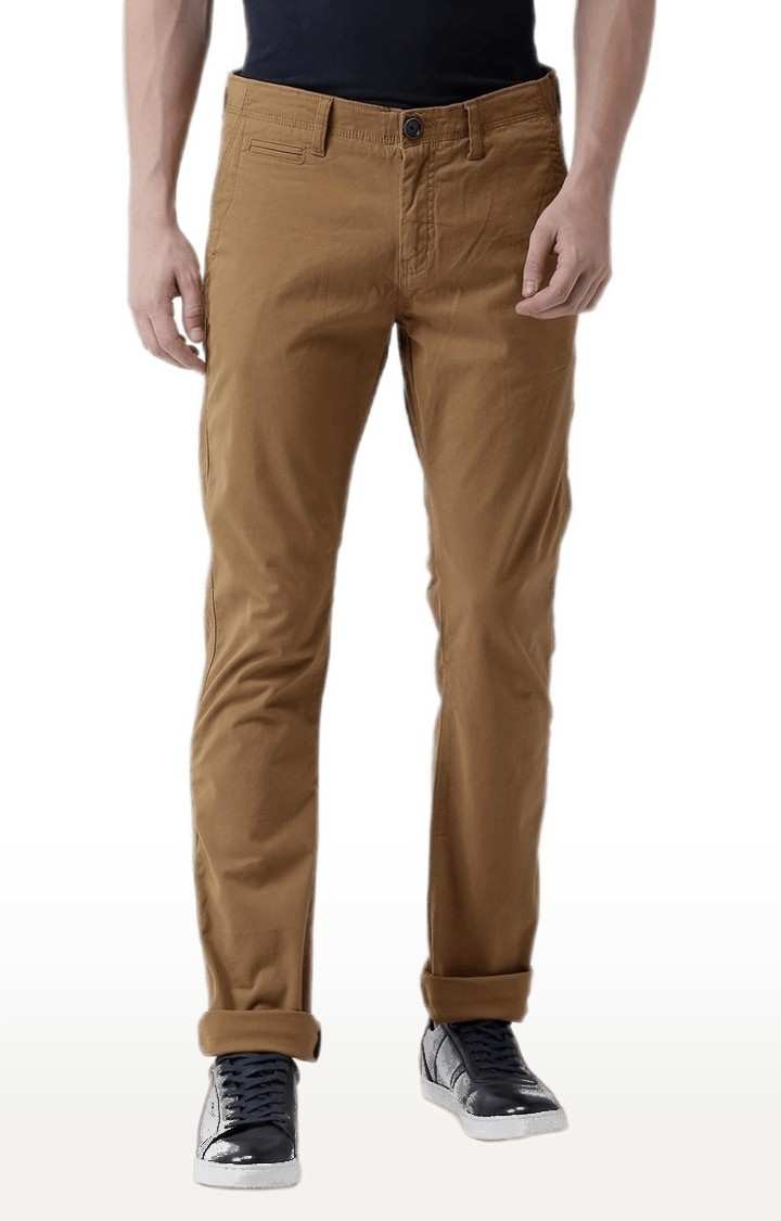 Men's Brown Cotton Blend Solid Chinos