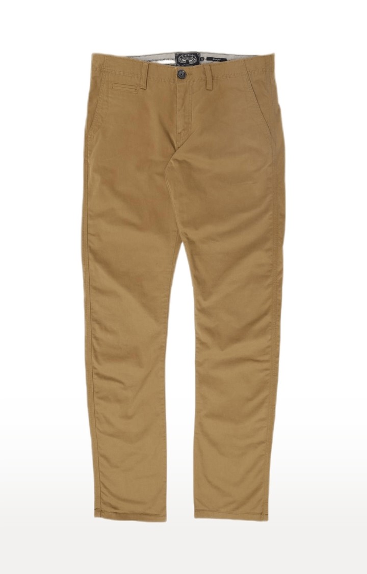 Men's Brown Cotton Blend Solid Chinos