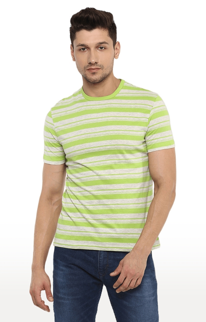 celio | Men's Green Striped Regular T-Shirts 0