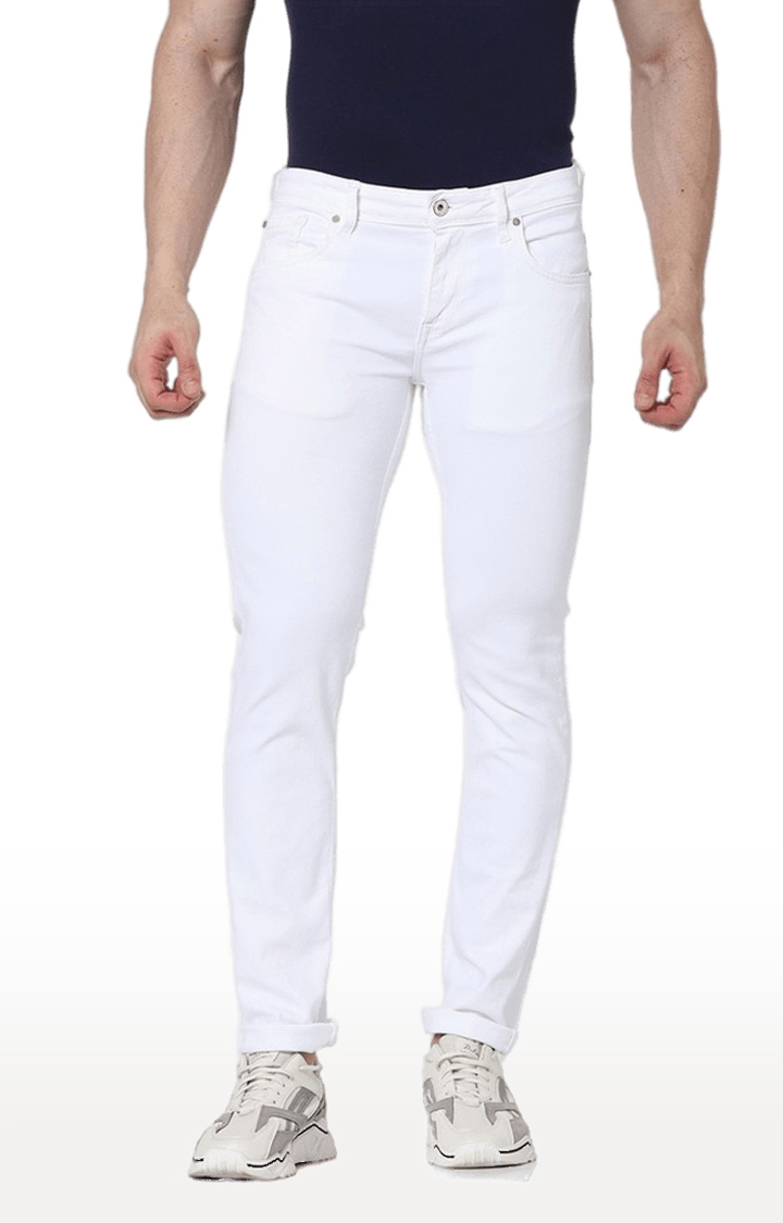Men's White Cotton Blend Solid Slim Jeans