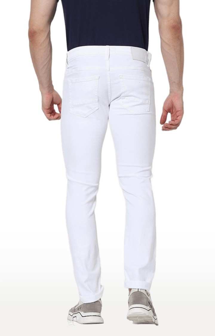 Men's White Cotton Blend Solid Slim Jeans