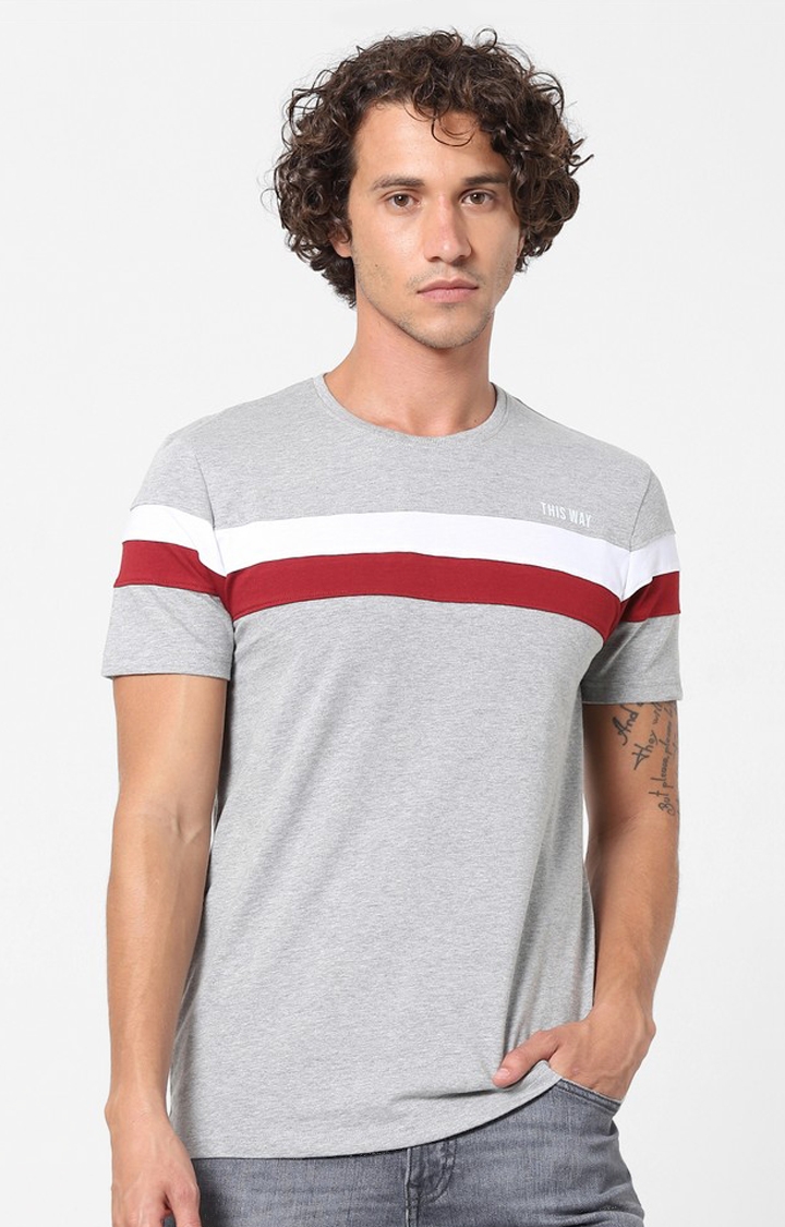celio | Men's Grey Colourblock Regular T-Shirts