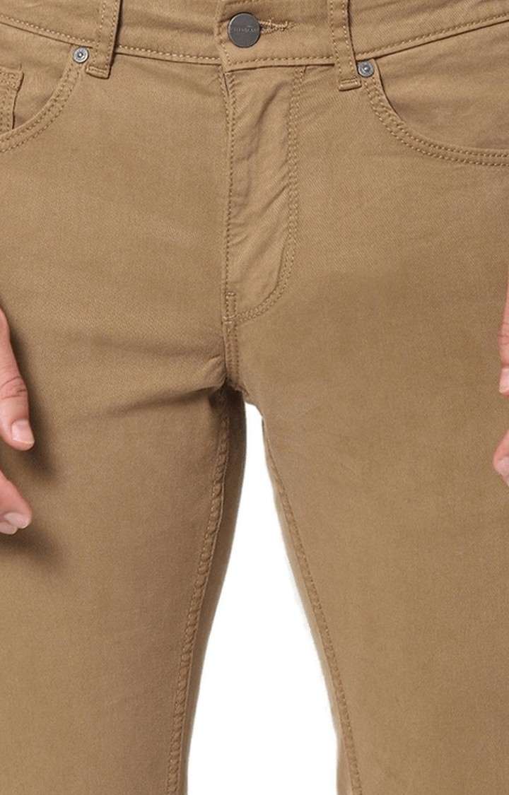 Men's Brown Cotton Blend Solid Slim Jeans