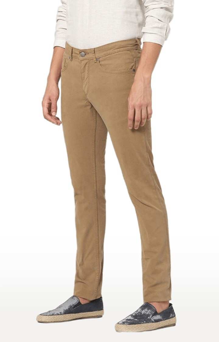 Men's Brown Cotton Blend Solid Slim Jeans