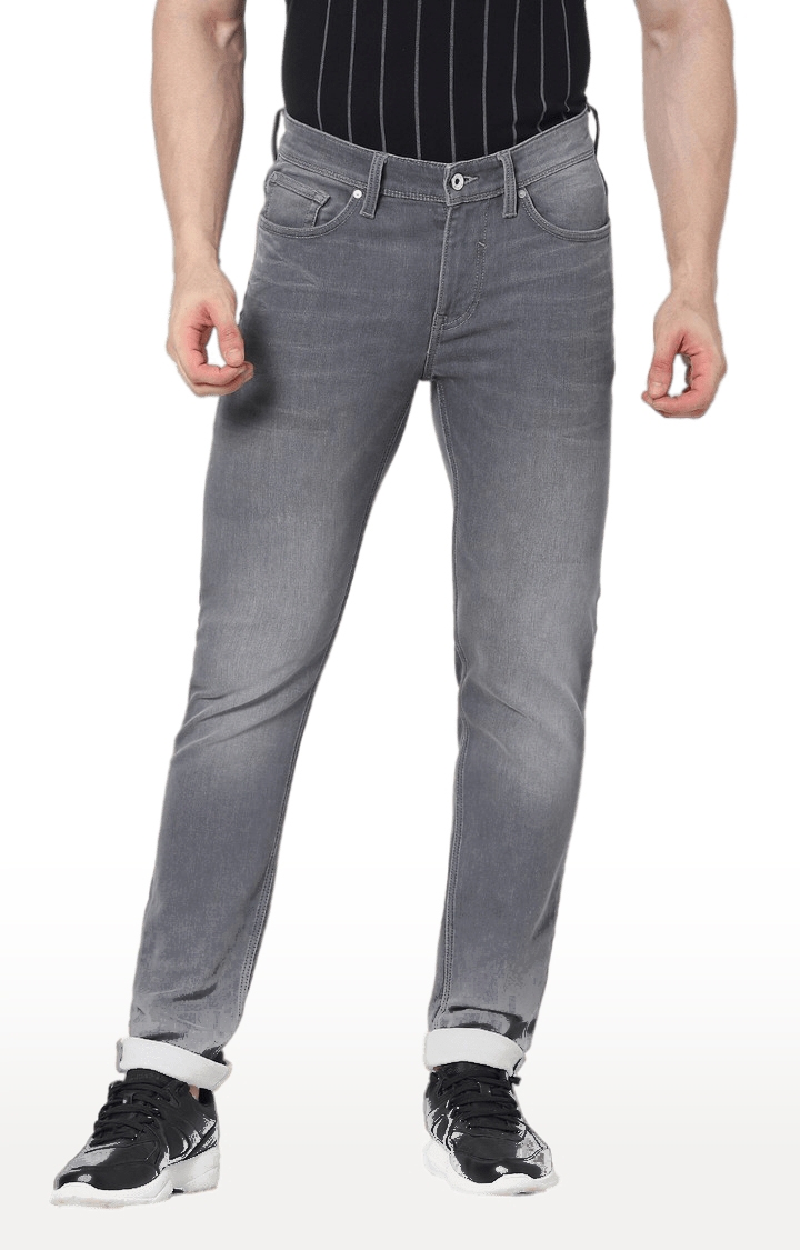 Men's Grey Cotton Blend Solid Regular Jeans