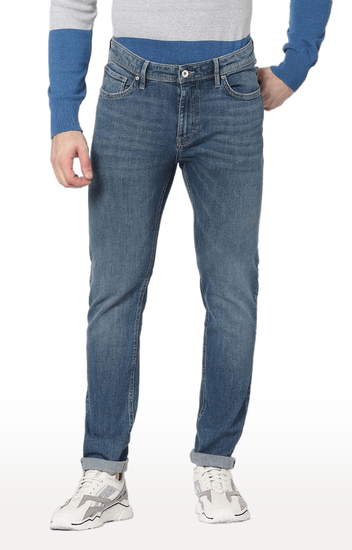 Men's Blue Cotton Blend Solid Straight Jeans