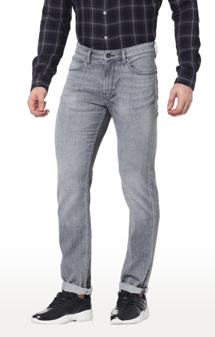 Men's Grey Cotton Blend Solid Straight Jeans