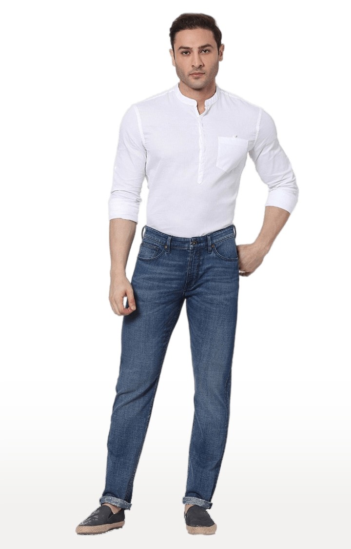 Men's Blue Cotton Blend Solid Tapered Jeans