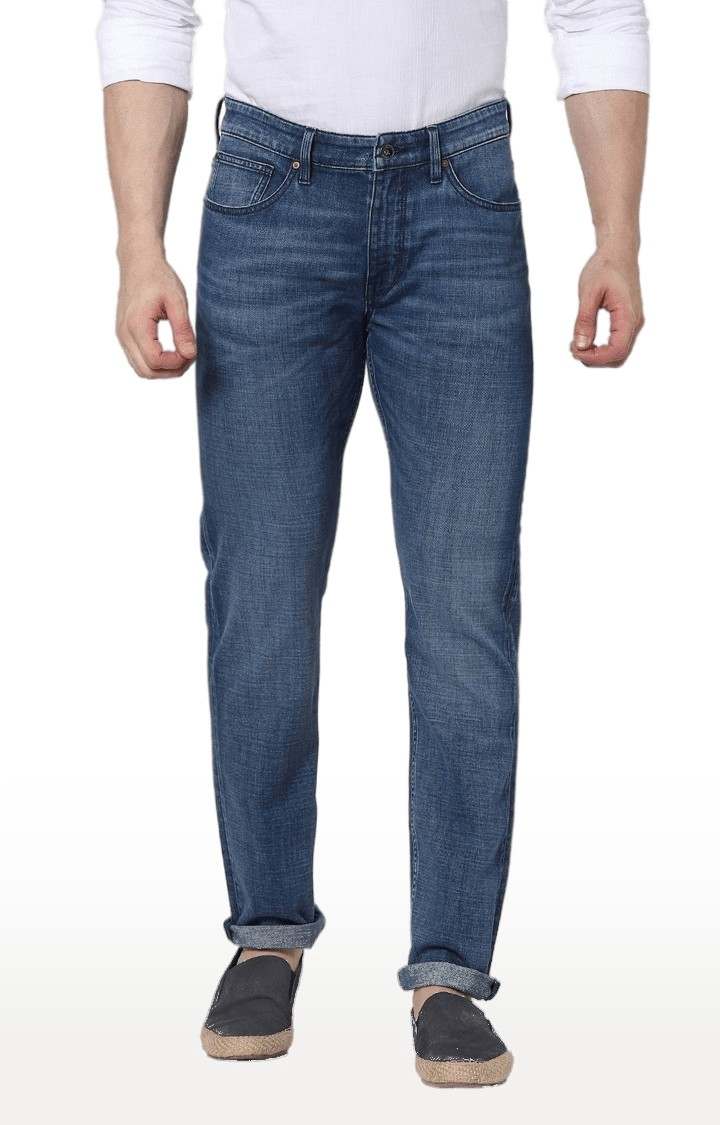 Men's Blue Cotton Blend Solid Tapered Jeans