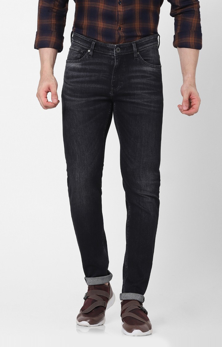Men's Black Cotton Blend Solid Tapered Jeans