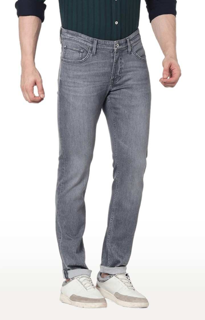 Men's Grey Cotton Blend Solid Tapered Jeans