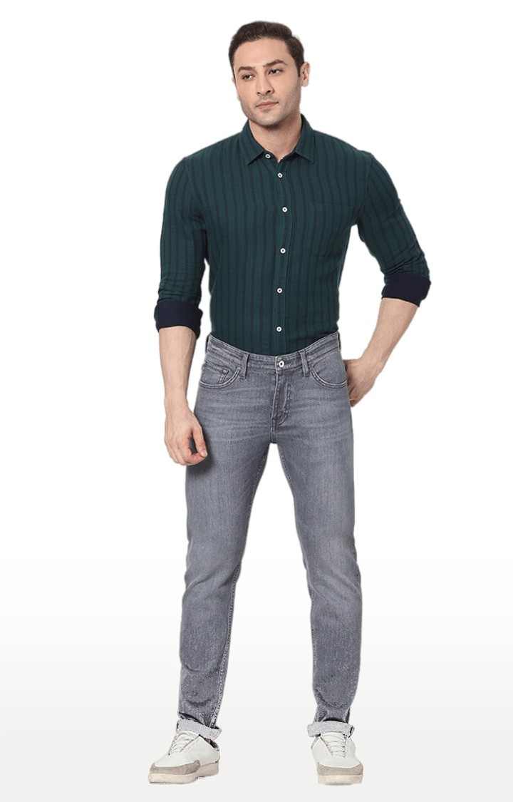 Men's Grey Cotton Blend Solid Tapered Jeans