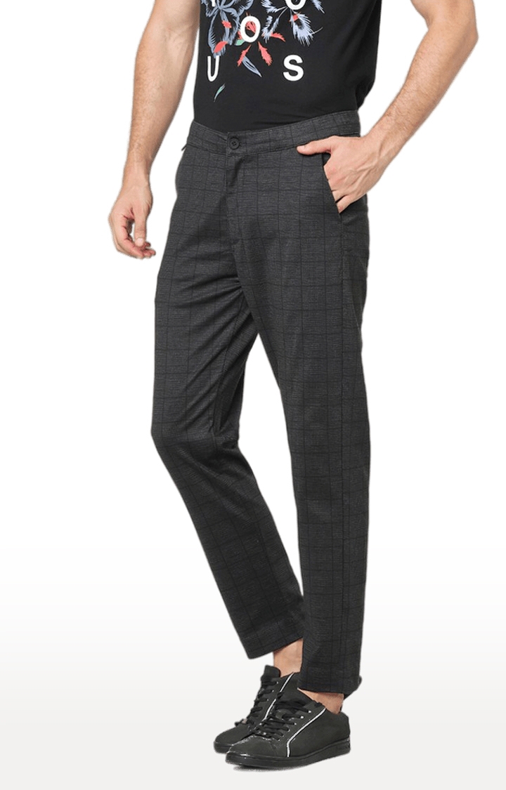 Men Grey Cotton Checked Slim Fit Casual Trouser
