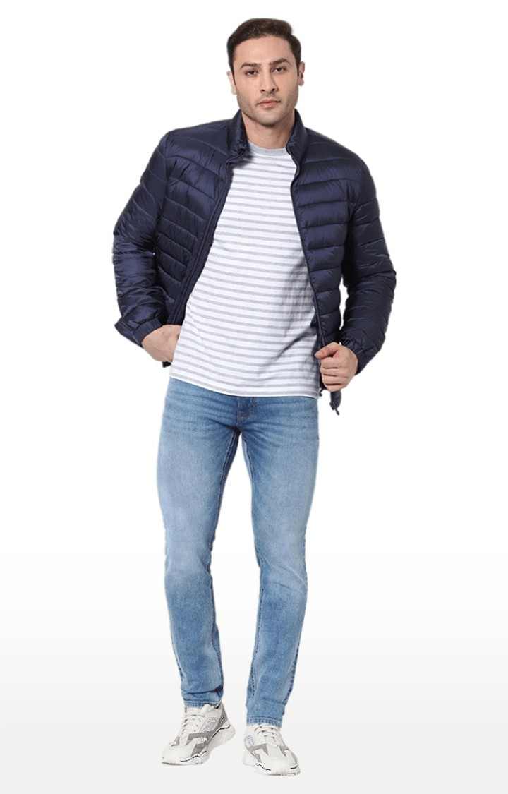 Men's Blue Solid Bomber Jackets
