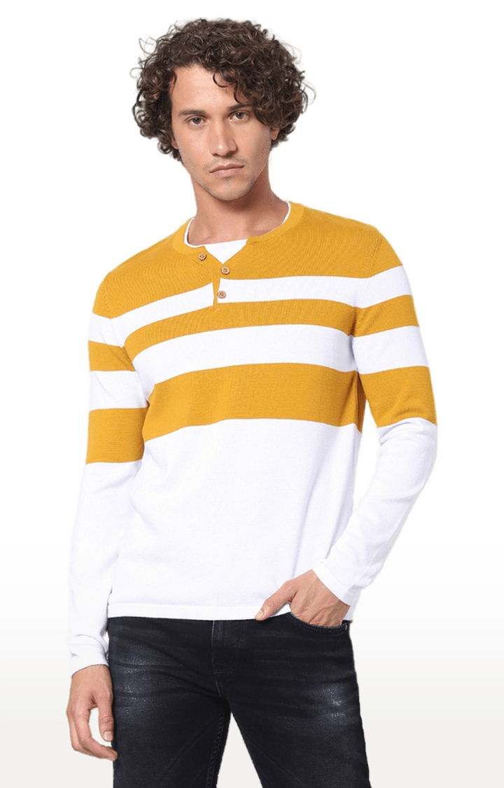 celio | Men's Yellow Striped Sweaters