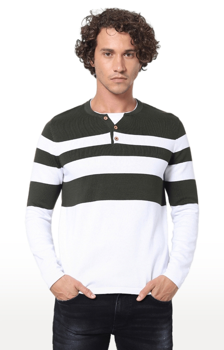 celio | Men's Green Striped Sweaters