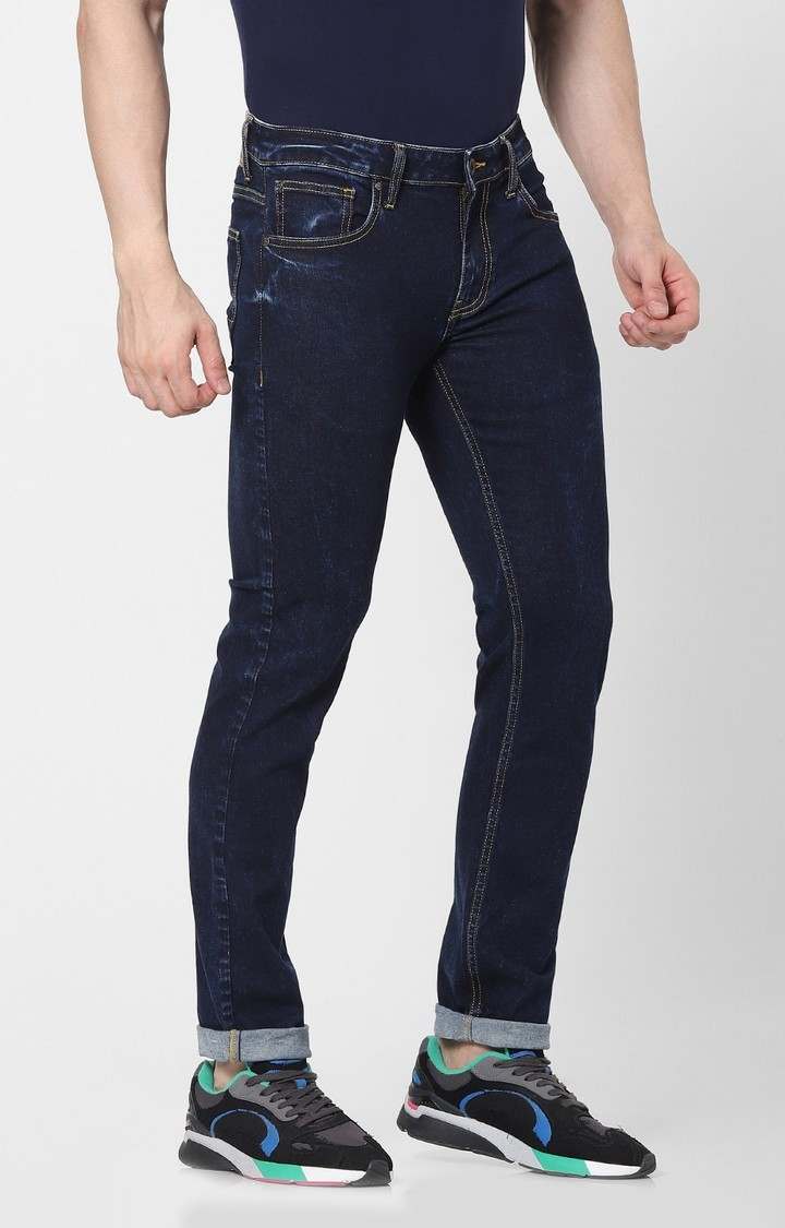 Men's Blue Cotton Blend Solid Slim Jeans