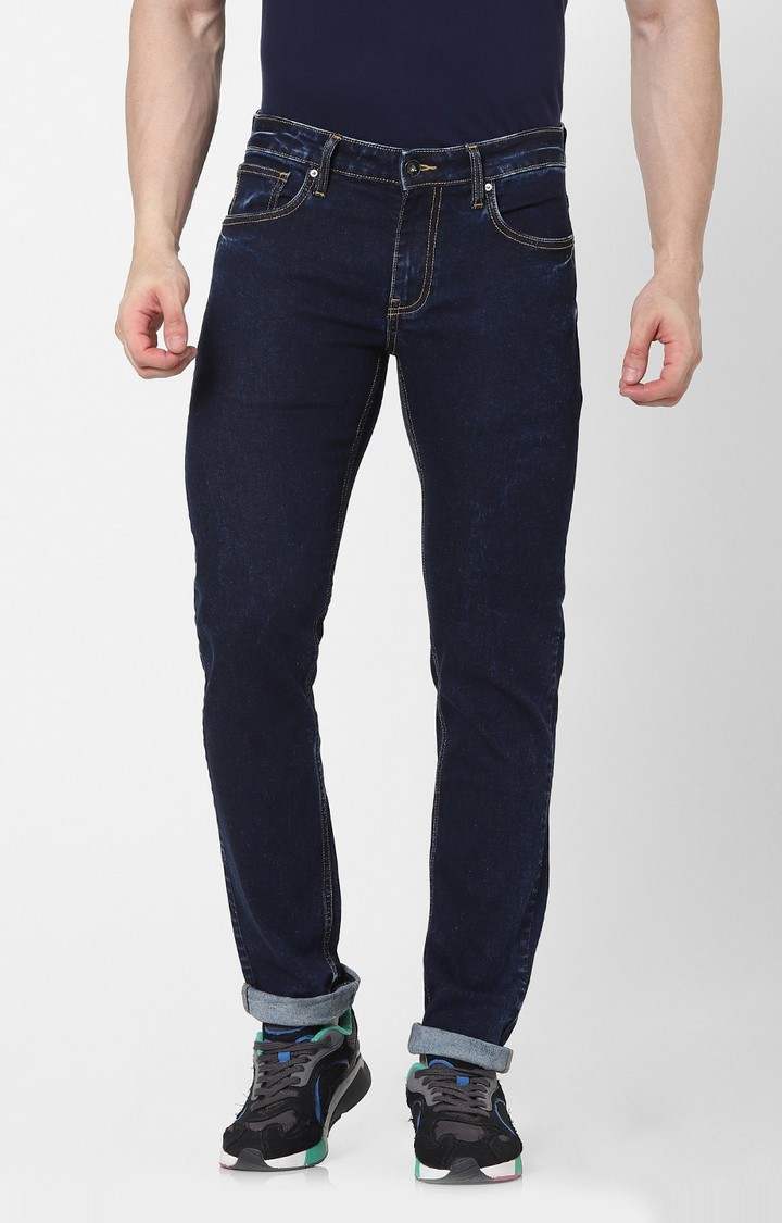 Men's Blue Cotton Blend Solid Slim Jeans