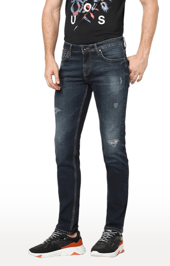 Men's Blue Cotton Blend Ripped Ripped Jeans