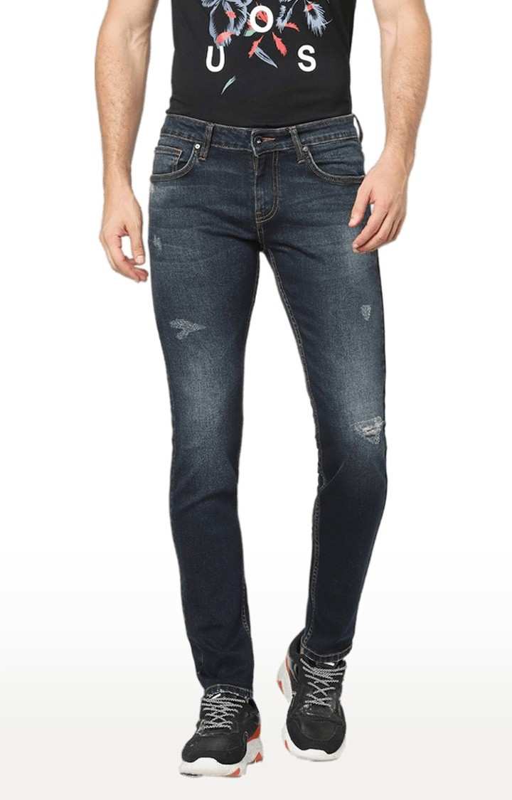 Men's Blue Cotton Blend Ripped Ripped Jeans