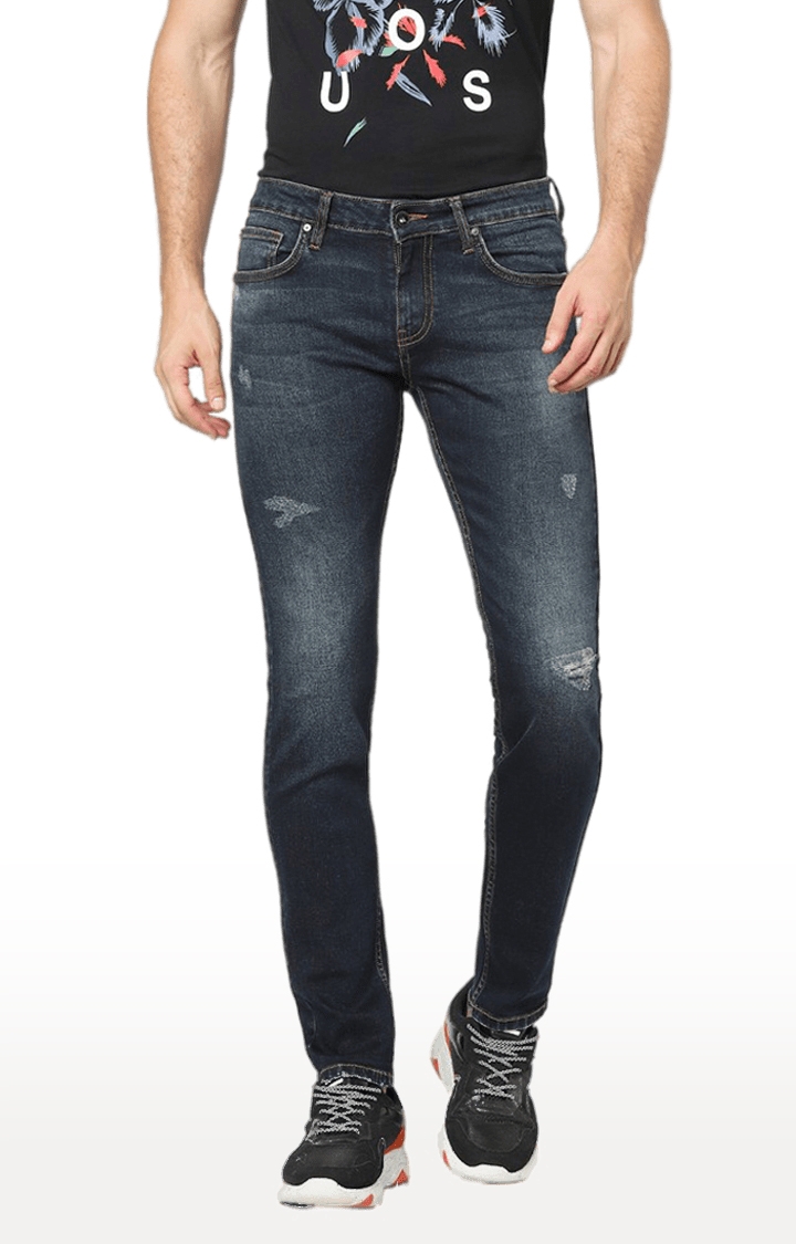 celio | Men's Blue Cotton Blend Ripped Ripped Jeans