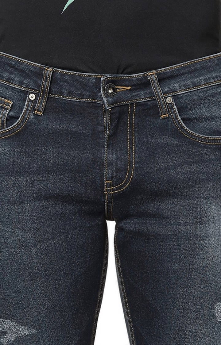 Men's Blue Cotton Blend Ripped Ripped Jeans