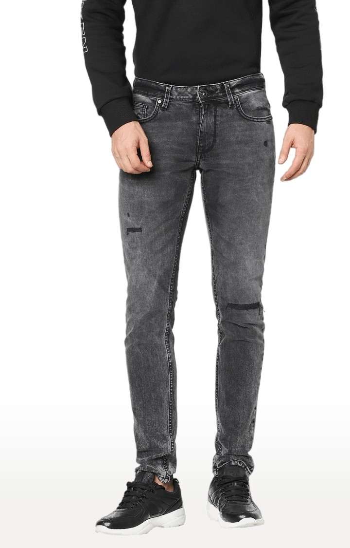 Men's Grey Cotton Ripped Ripped Jeans