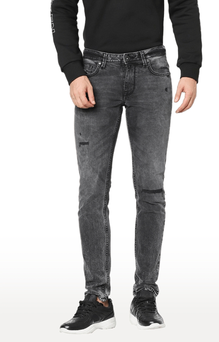 celio | Men's Grey Cotton Ripped Ripped Jeans