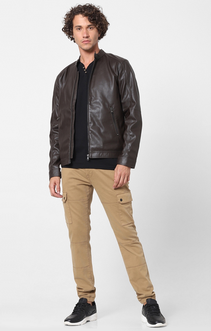 celio | Men's Brown Solid Leather Jackets 1