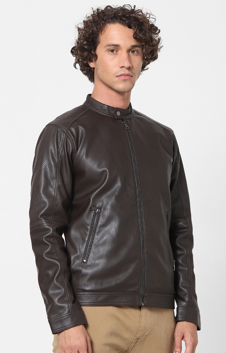 celio | Men's Brown Solid Leather Jackets 2