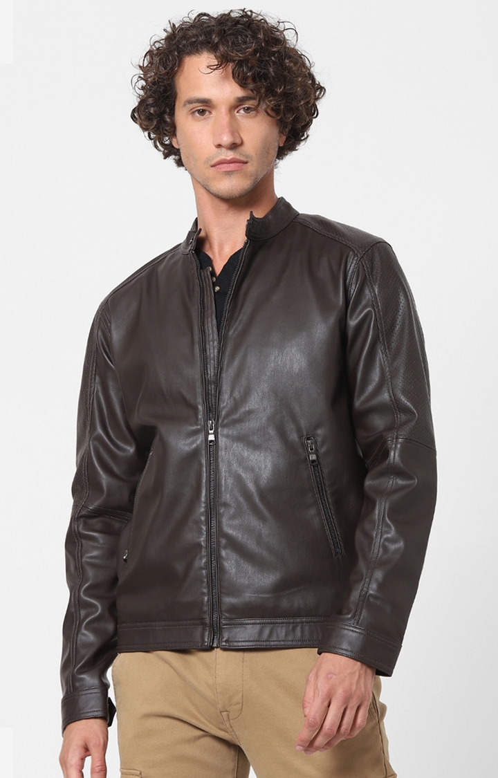 celio | Men's Brown Solid Leather Jackets 0