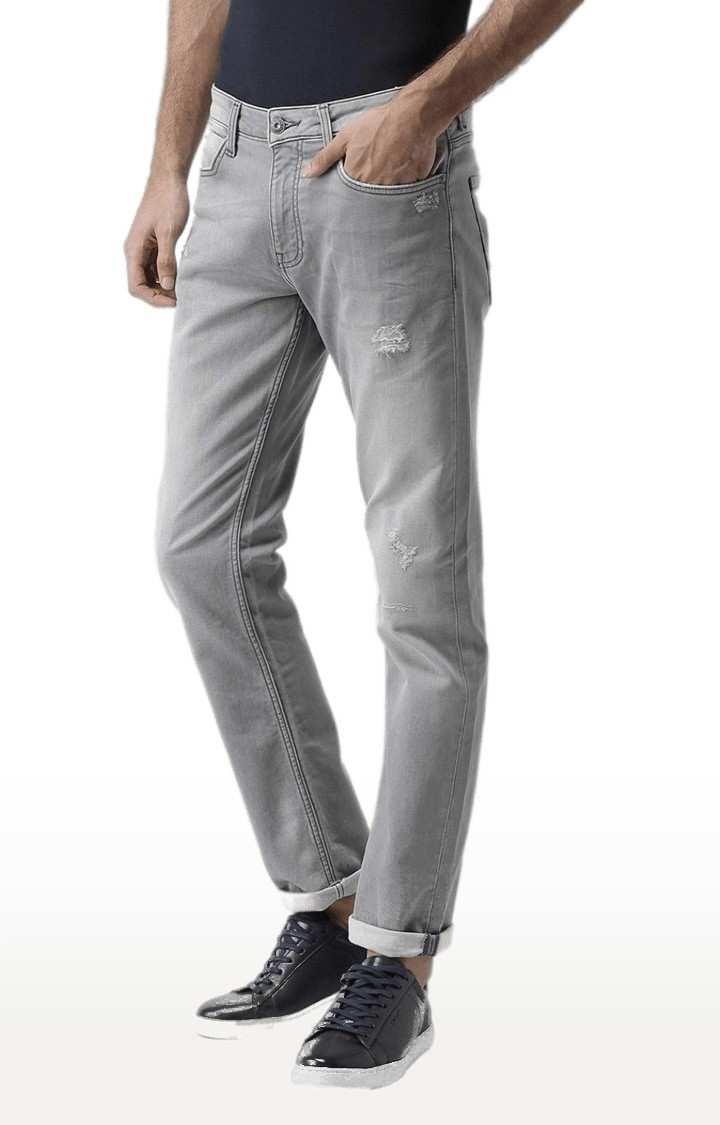 Men's Grey Cotton Blend Ripped Ripped Jeans