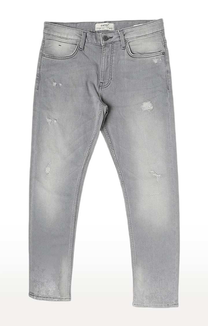 Men's Grey Cotton Blend Ripped Ripped Jeans