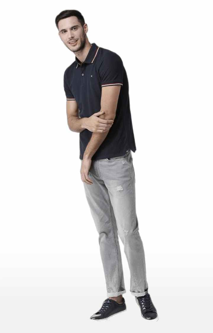 Men's Grey Cotton Blend Ripped Ripped Jeans