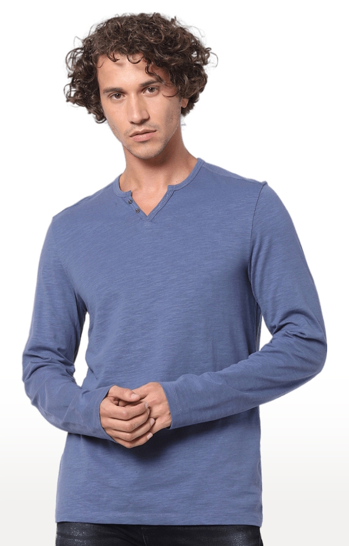 celio | Men's Blue Melange Regular T-Shirts 0