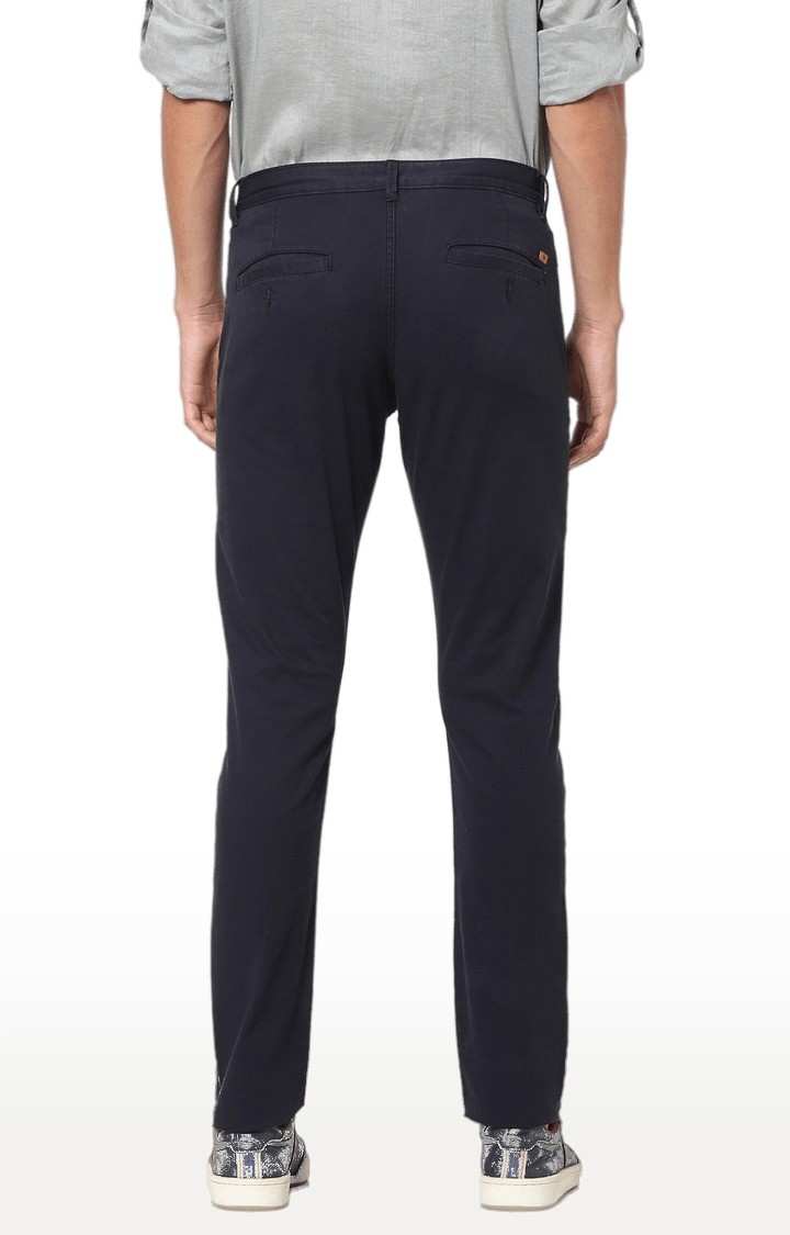 Men's Blue Cotton Blend Solid Trousers