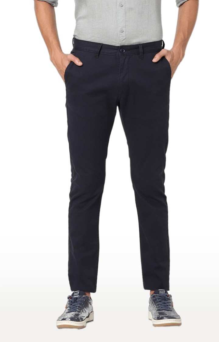 Men's Blue Cotton Blend Solid Trousers