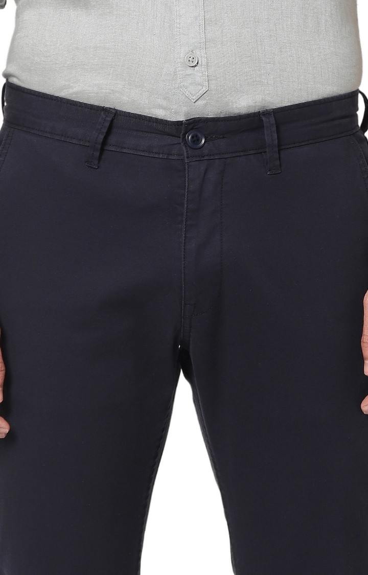 Men's Blue Cotton Blend Solid Trousers