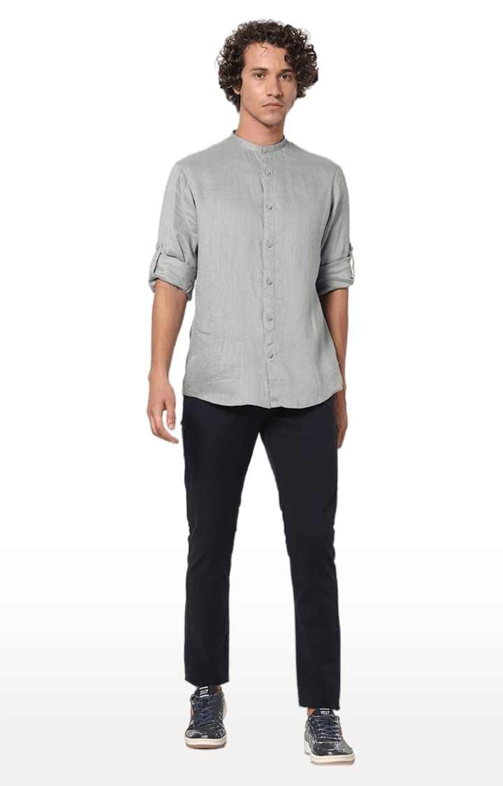 Men's Blue Cotton Blend Solid Trousers